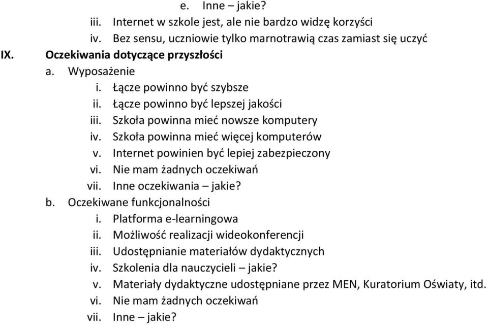 Internet powinien być lepiej zabezpieczony vi. Nie mam żadnych oczekiwań vii. Inne oczekiwania jakie? b. Oczekiwane funkcjonalności i. Platforma e-learningowa ii.