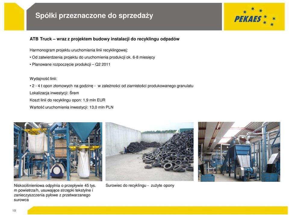 6-8 miesięcy Planowane rozpoczęcie produkcji Q2 2011 Wydajność linii: 2-4 t opon złomowych na godzinę - w zależności od ziarnistości produkowanego granulatu