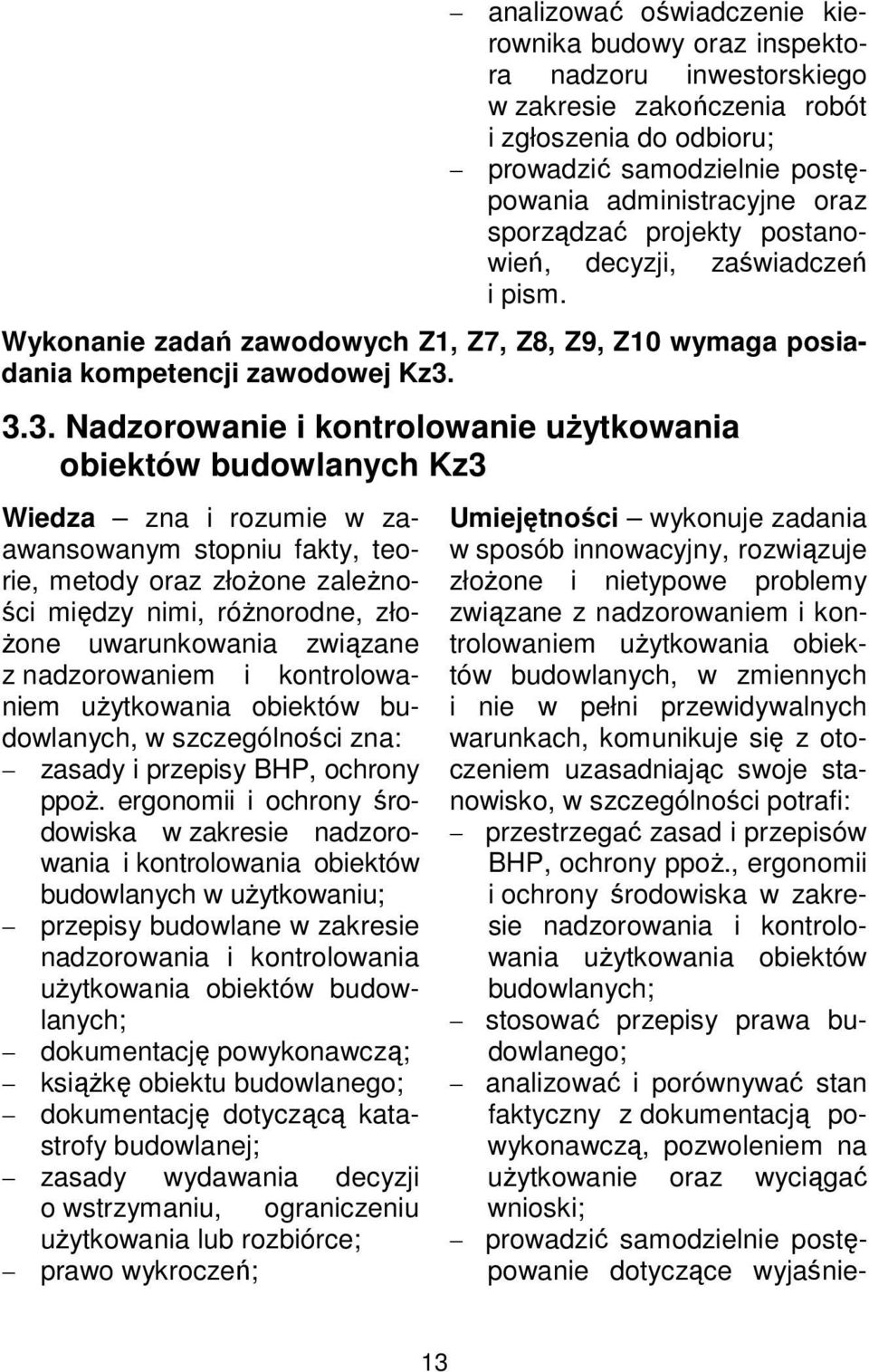 3.3. Nadzorowanie i kontrolowanie użytkowania obiektów budowlanych Kz3 Wiedza zna i rozumie w zaawansowanym stopniu fakty, teorie, metody oraz złożone zależności między nimi, różnorodne, złożone