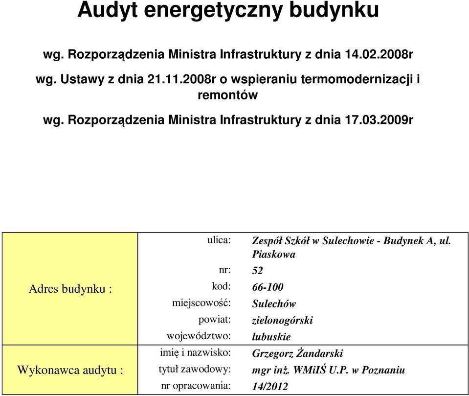 Wykonawca audytu : miejscowość: powiat: województwo: imię i nazwisko: tytuł zawodowy: ulica: Zespół Szkół w Sulechowie -