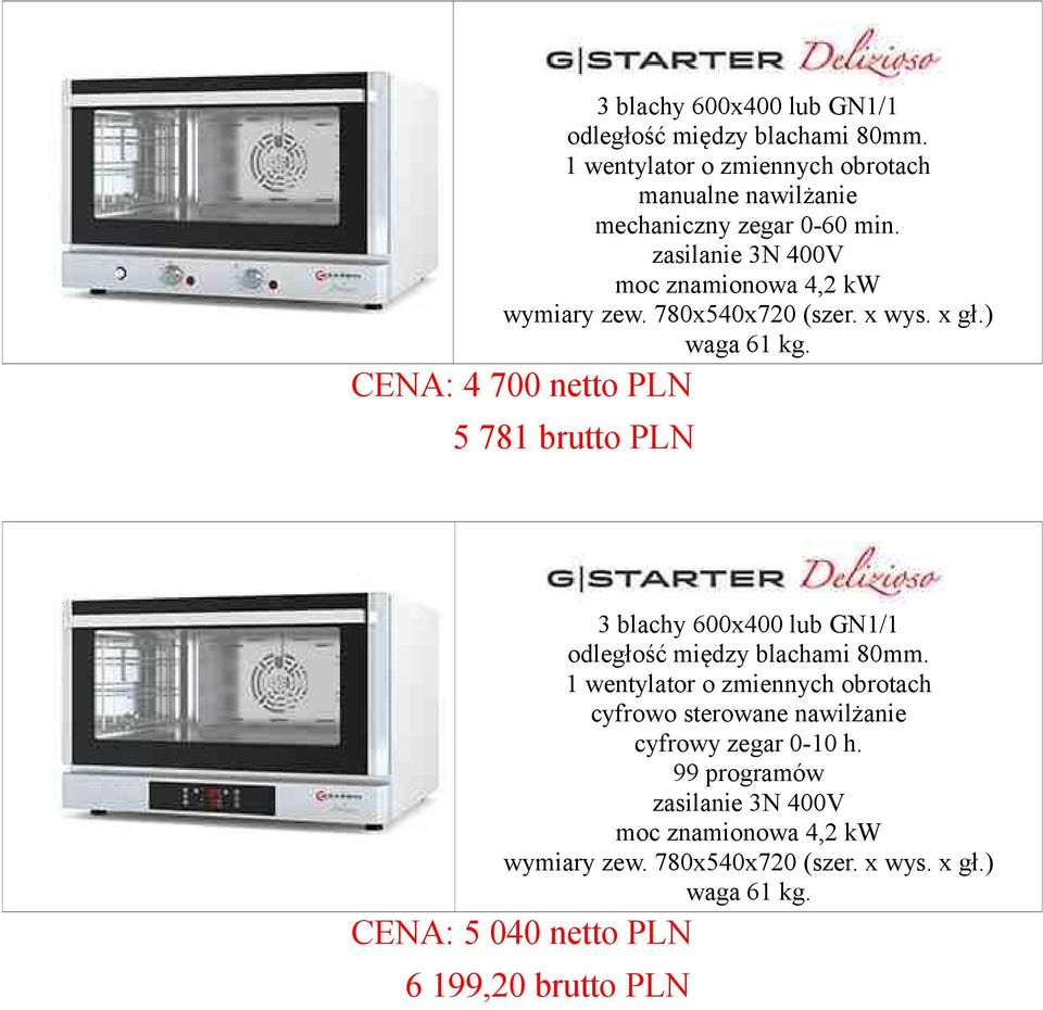 CENA: 4 700 netto PLN 5 781 brutto PLN 3 blachy 600x400 lub GN1/1 1 wentylator o zmiennych obrotach cyfrowo