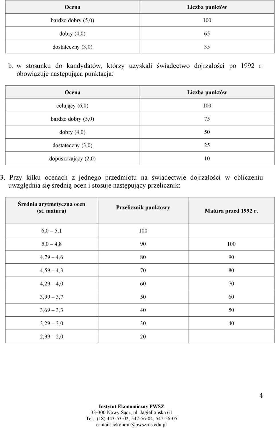 Przy kilku ocenach z jednego przedmiotu na świadectwie dojrzałości w obliczeniu uwzględnia się średnią ocen i stosuje następujący przelicznik: Średnia