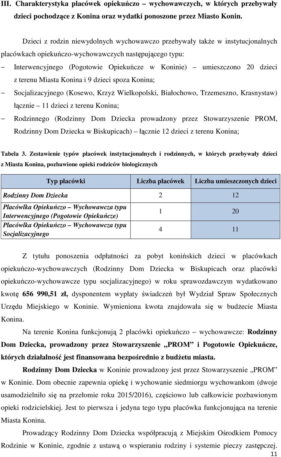 dzieci z terenu Miasta Konina i 9 dzieci spoza Konina; Socjalizacyjnego (Kosewo, KrzyŜ Wielkopolski, Białochowo, Trzemeszno, Krasnystaw) łącznie 11 dzieci z terenu Konina; Rodzinnego (Rodzinny Dom