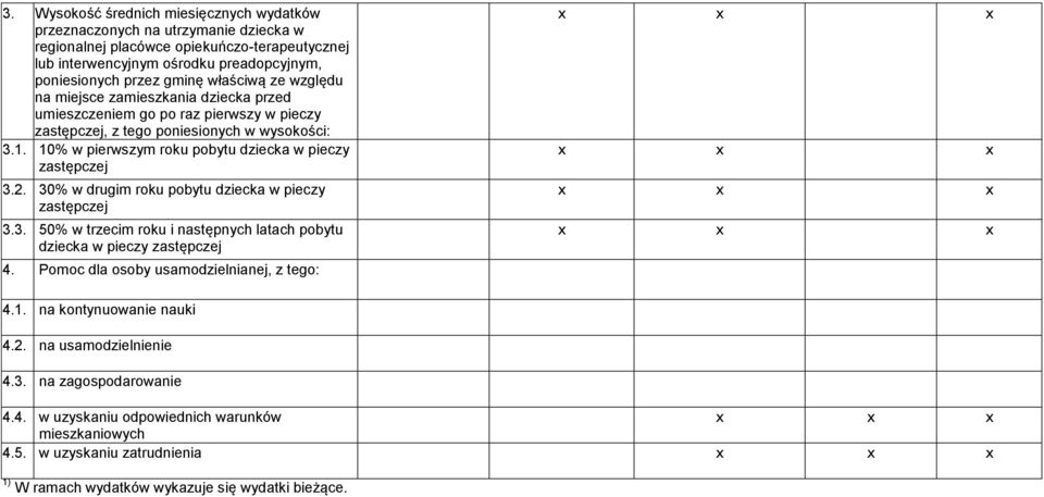 10% w pierwszym roku pobytu dziecka w pieczy zastępczej 3.2. 30% w drugim roku pobytu dziecka w pieczy zastępczej 3.3. 50% w trzecim roku i następnych latach pobytu dziecka w pieczy zastępczej 4.