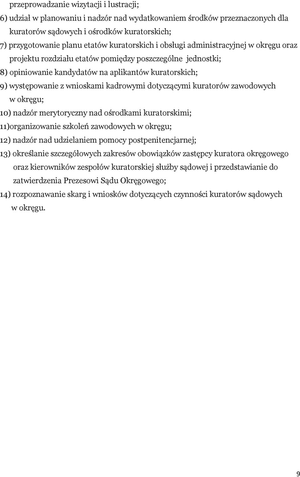 kadrowymi dotyczącymi kuratorów zawodowych w okręgu; 10) nadzór merytoryczny nad ośrodkami kuratorskimi; 11)organizowanie szkoleń zawodowych w okręgu; 12) nadzór nad udzielaniem pomocy