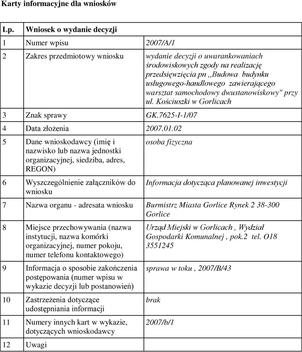 Kościuszki w Gorlicach 3 Znak sprawy GK.7625-I-1/07 4 Data złożenia 2007.01.