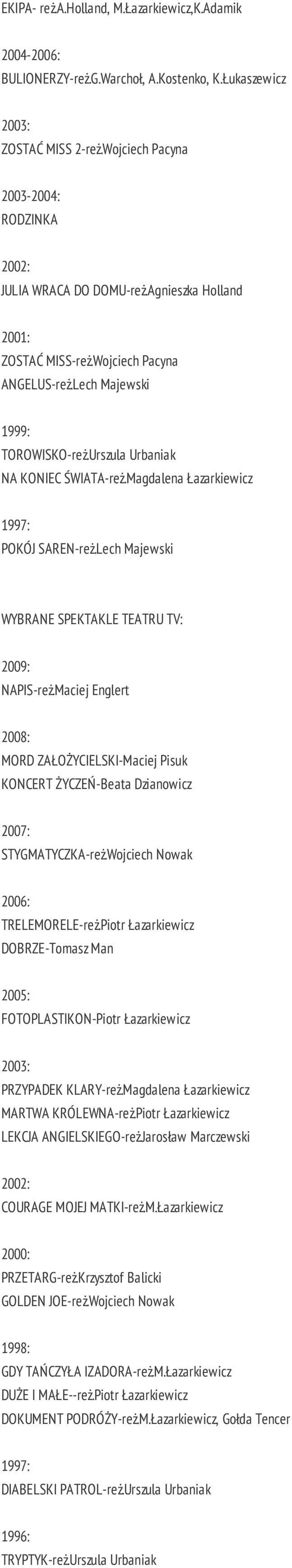 Lech Majewski WYBRANE SPEKTAKLE TEATRU TV: 2009: NAPIS-reż.Maciej Englert 2008: MORD ZAŁOŻYCIELSKI-Maciej Pisuk KONCERT ŻYCZEŃ-Beata Dzianowicz 2007: STYGMATYCZKA-reż.