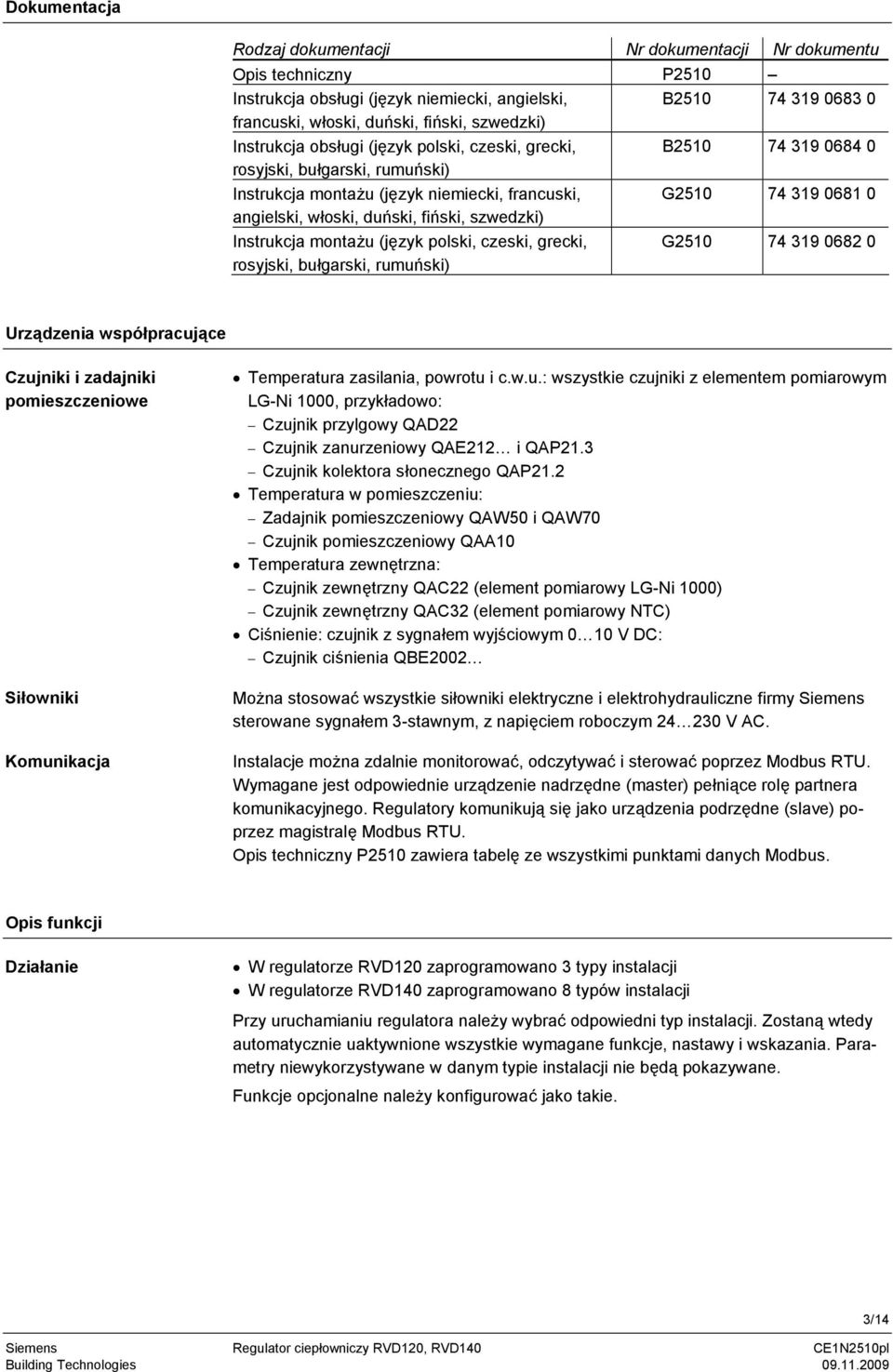 fiński, szwedzki) Instrukcja montażu (język polski, czeski, grecki, rosyjski, bułgarski, rumuński) G2510 74 319 0682 0 Urządzenia współpracujące Czujniki i zadajniki pomieszczeniowe Siłowniki