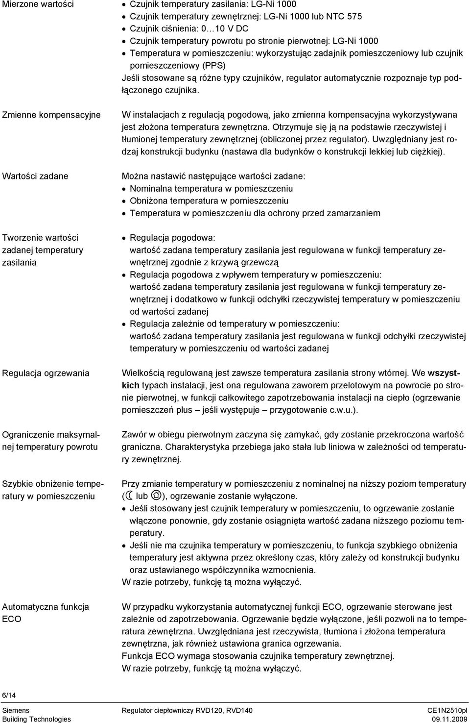 stronie pierwotnej: LG-Ni 1000 emperatura w pomieszczeniu: wykorzystując zadajnik pomieszczeniowy lub czujnik pomieszczeniowy (S) Jeśli stosowane są różne typy czujników, regulator automatycznie