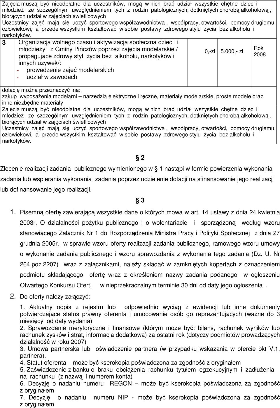 000,- zł Rok 2008 zakup wyposażenia modelarni narzędzia elektryczne i ręczne, materiały modelarskie, proste modele oraz inne niezbędne materiały Zajęcia muszą być nieodpłatne dla uczestników, mogą w