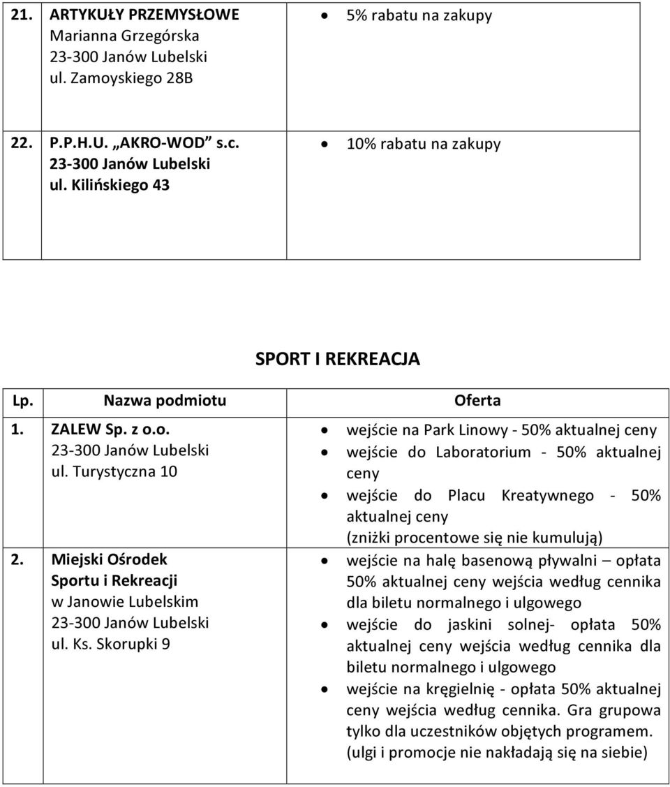 Skorupki 9 wejście na Park Linowy - 50% aktualnej ceny wejście do Laboratorium - 50% aktualnej ceny wejście do Placu Kreatywnego - 50% aktualnej ceny (zniżki procentowe się nie kumulują) wejście na