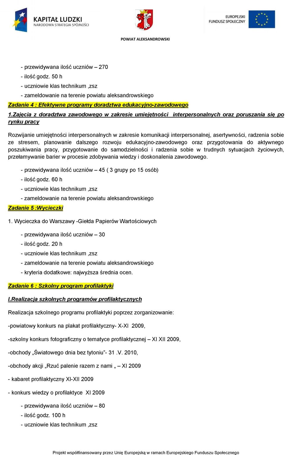 asertywności, radzenia sobie ze stresem, planowanie dalszego rozwoju edukacyjno-zawodowego oraz przygotowania do aktywnego poszukiwania pracy, przygotowanie do samodzielności i radzenia sobie w