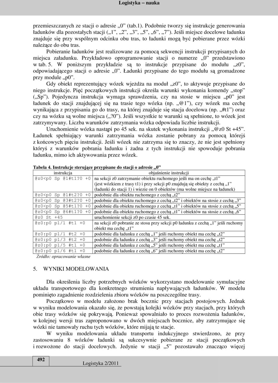Pobieranie ładunków jest realizowane za pomocą sekwencji instrukcji przypisanych do miejsca załadunku. Przykładowo oprogramowanie stacji o numerze 0 przedstawiono w tab. 5.