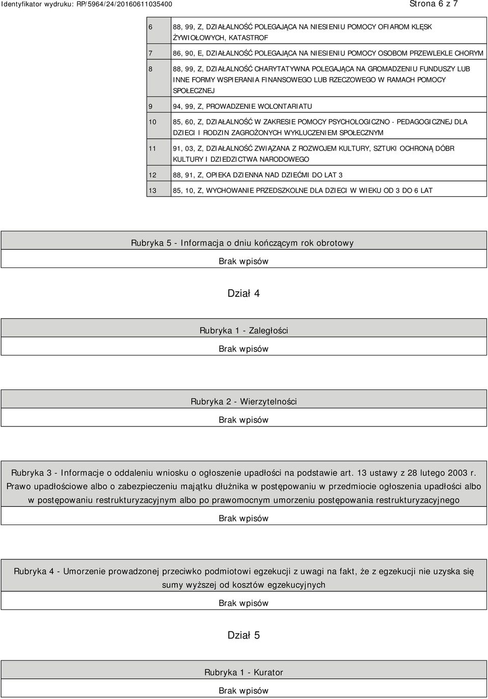 DZIAŁALNOŚĆ W ZAKRESIE POMOCY PSYCHOLOGICZNO - PEDAGOGICZNEJ DLA DZIECI I RODZIN ZAGROŻONYCH WYKLUCZENIEM SPOŁECZNYM 11 91, 03, Z, DZIAŁALNOŚĆ ZWIĄZANA Z ROZWOJEM KULTURY, SZTUKI OCHRONĄ DÓBR KULTURY