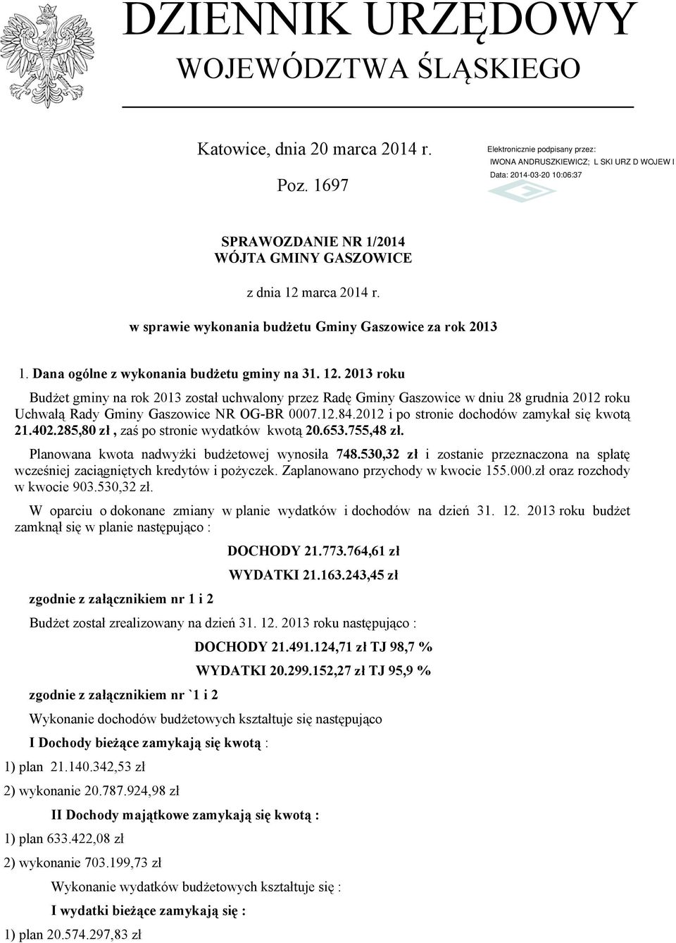 2013 roku Budżet gminy na rok 2013 został uchwalony przez Radę Gminy Gaszowice w dniu 28 grudnia 2012 roku Uchwałą Rady Gminy Gaszowice NR OG-BR 0007.12.84.
