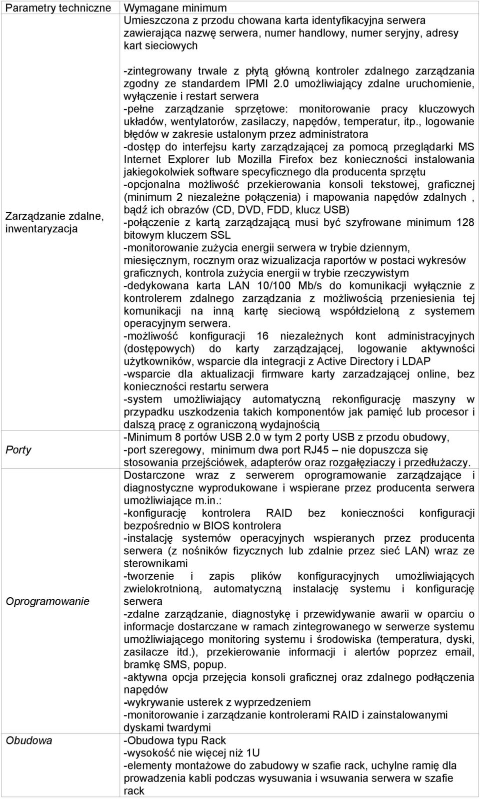 0 umożliwiający zdalne uruchomienie, wyłączenie i restart serwera -pełne zarządzanie sprzętowe: monitorowanie pracy kluczowych układów, wentylatorów, zasilaczy, napędów, temperatur, itp.