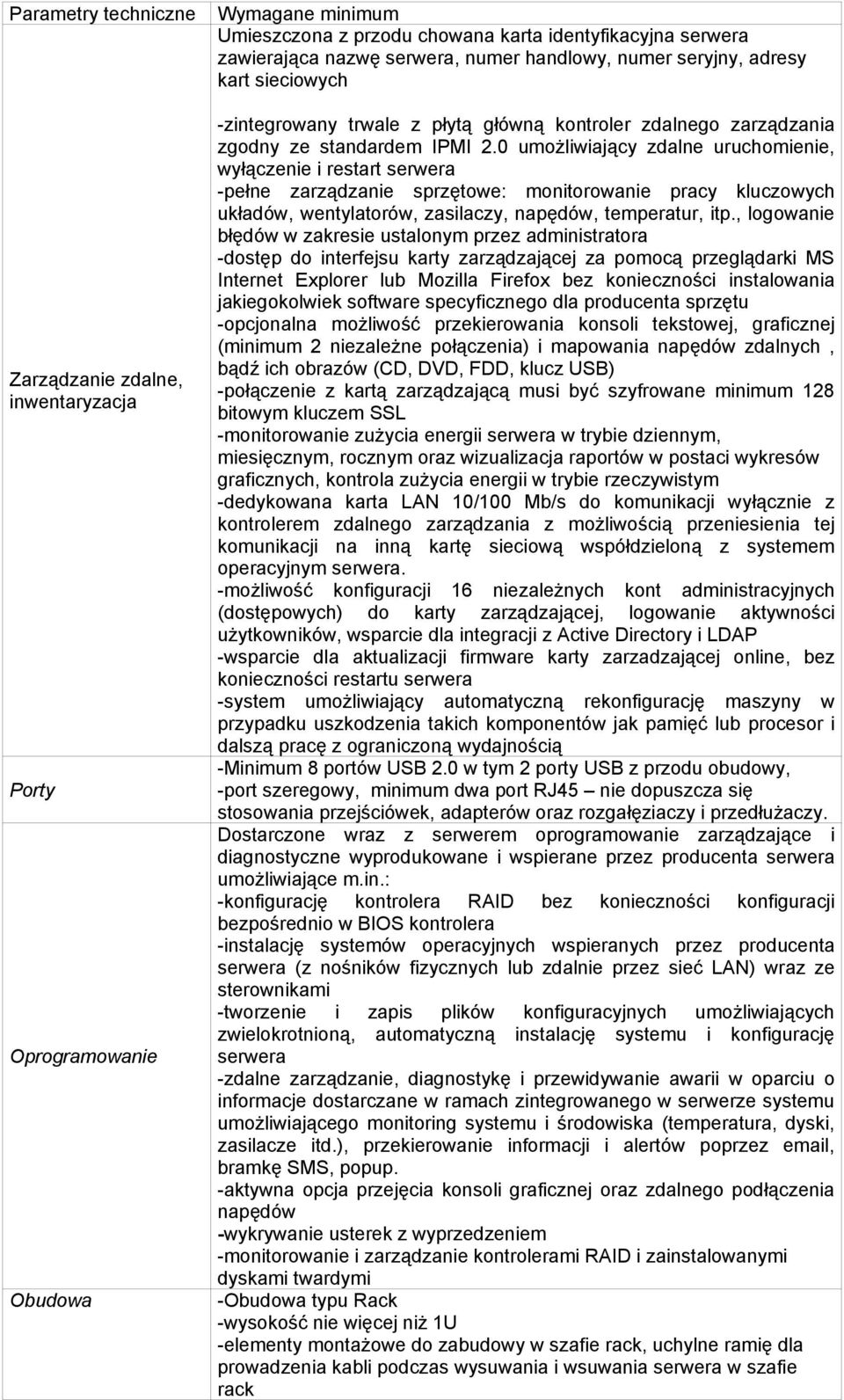 0 umożliwiający zdalne uruchomienie, wyłączenie i restart serwera -pełne zarządzanie sprzętowe: monitorowanie pracy kluczowych układów, wentylatorów, zasilaczy, napędów, temperatur, itp.