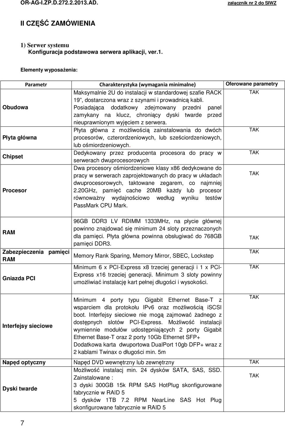 Elementy wyposażenia: Obudowa Płyta główna Chipset Procesor Parametr Charakterystyka (wymagania minimalne) Oferowane parametry Maksymalnie 2U do instalacji w standardowej szafie RACK 19, dostarczona