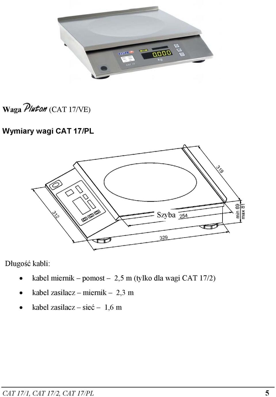 dla wagi CAT 17/2) kabel zasilacz miernik 2,3 m