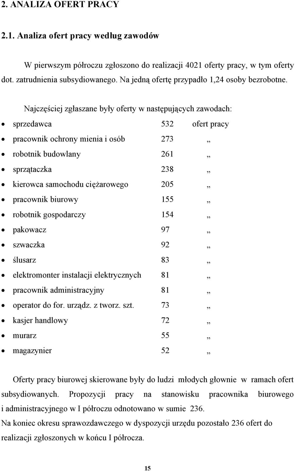 Najczęściej zgłaszane były oferty w następujących zawodach: sprzedawca 532 ofert pracy pracownik ochrony mienia i osób 273 robotnik budowlany 261 sprzątaczka 238 kierowca samochodu ciężarowego 205