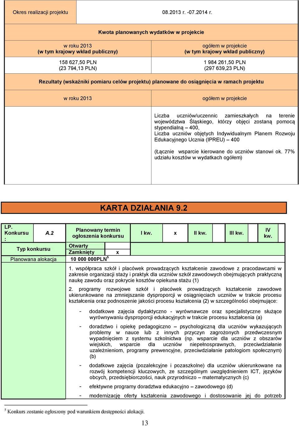 Rezultaty (wskaźniki pomiaru celów projektu) planowane osiągnięcia w ramach projektu w roku 2013 ogółem w projekcie Liczba uczniów/uczennic zamieszkałych na terenie województwa Śląskiego, którzy