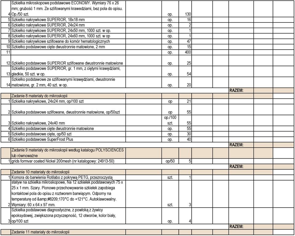 9 Szkiełko nakrywkowe szlifowane do komór hematologicznych op. 47 0 Szkiełko podstawowe cięte dwustronnie matowione, 2 mm op. 5 op.