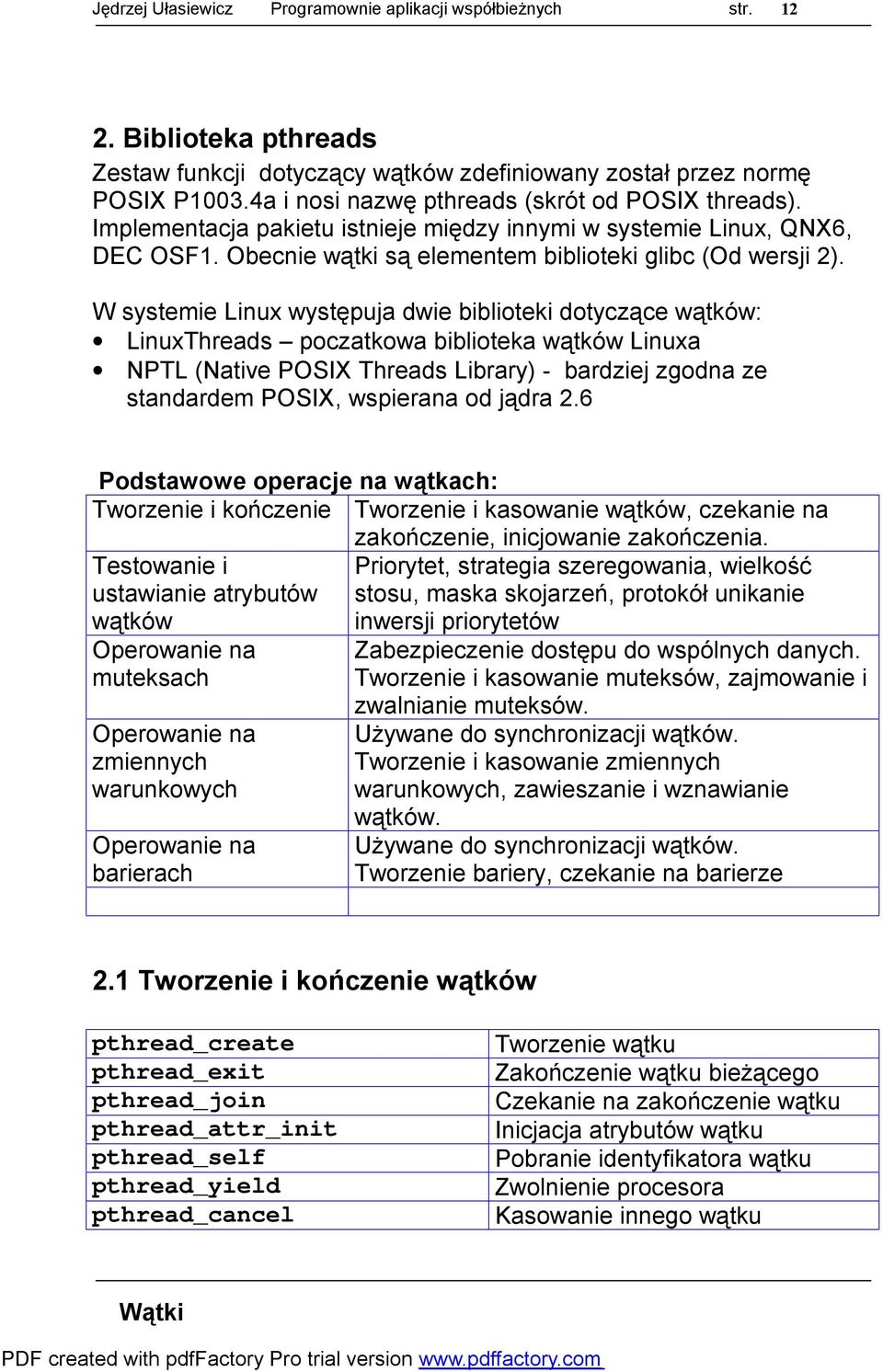 W systemie Linux występuja dwie biblioteki dotyczące wątków: LinuxThreads poczatkowa biblioteka wątków Linuxa NPTL (Native POSIX Threads Library) - bardziej zgodna ze standardem POSIX, wspierana od