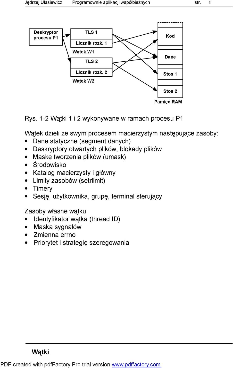 1-2 1 i 2 wykonywane w ramach procesu P1 Wątek dzieli ze swym procesem macierzystym następujące zasoby: Dane statyczne (segment danych) Deskryptory otwartych