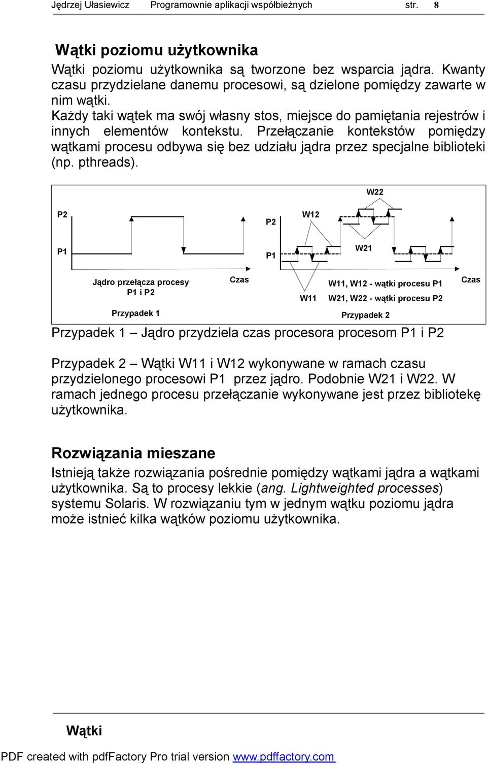 Przełączanie kontekstów pomiędzy wątkami procesu odbywa się bez udziału jądra przez specjalne biblioteki (np. pthreads).