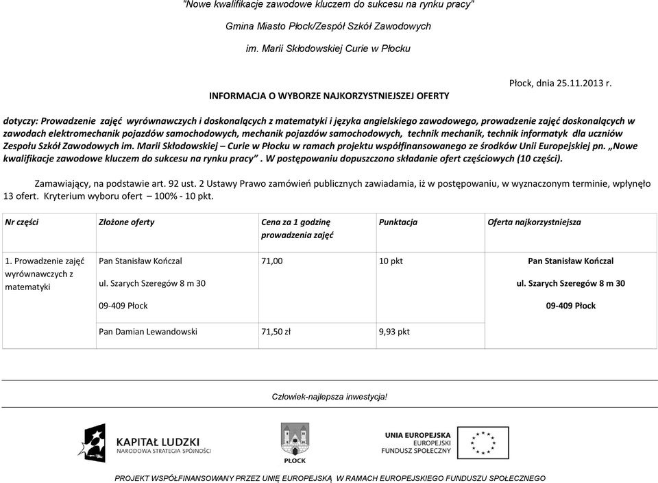 pojazdów samochodowych, technik mechanik, technik informatyk dla uczniów Zespołu Szkół Zawodowych im.
