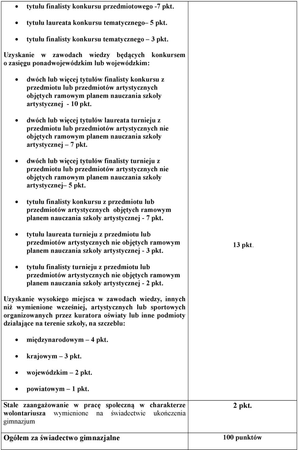 planem nauczania szkoły artystycznej - 10 pkt. dwóch lub więcej tytułów laureata turnieju z przedmiotu lub przedmiotów artystycznych nie objętych ramowym planem nauczania szkoły artystycznej 7 pkt.