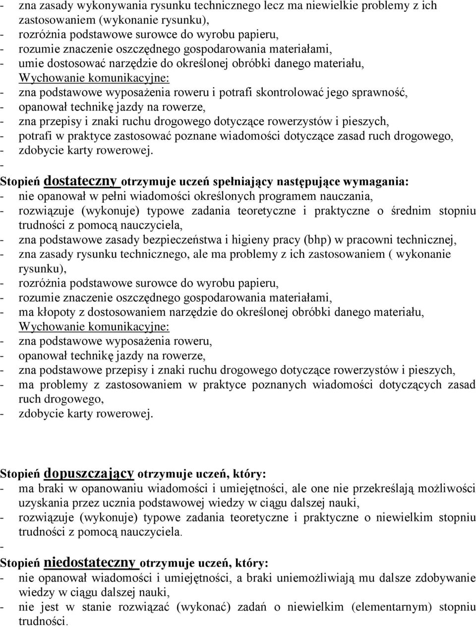 rowerze, zna przepisy i znaki ruchu drogowego dotyczące rowerzystów i pieszych, potrafi w praktyce zastosować poznane wiadomości dotyczące zasad ruch drogowego, zdobycie karty rowerowej.