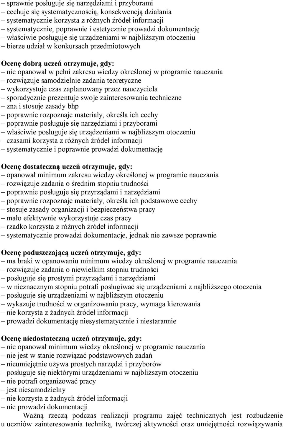 określonej w programie nauczania rozwiązuje samodzielnie zadania teoretyczne wykorzystuje czas zaplanowany przez sporadycznie prezentuje swoje zainteresowania techniczne zna i stosuje zasady bhp