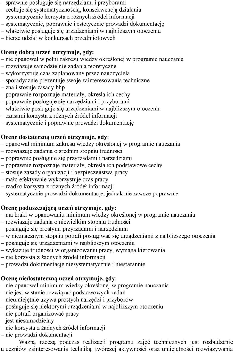 określonej w programie nauczania rozwiązuje samodzielnie zadania teoretyczne wykorzystuje czas zaplanowany przez sporadycznie prezentuje swoje zainteresowania techniczne zna i stosuje zasady bhp