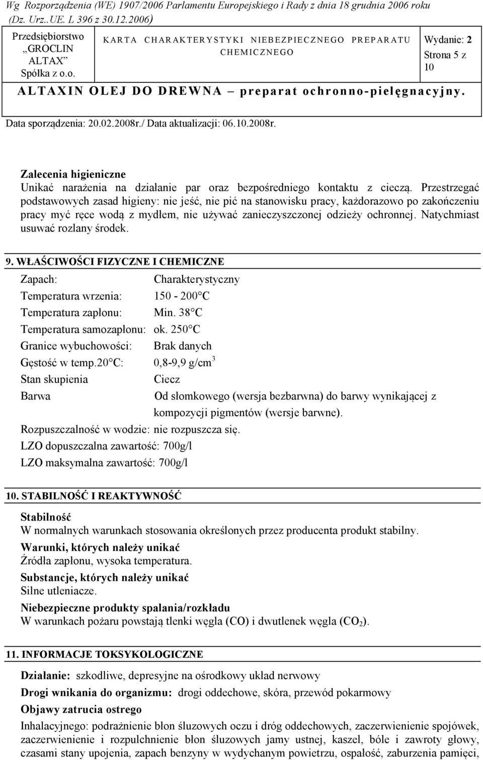 Natychmiast usuwać rozlany środek. 9. WŁAŚCIWOŚCI FIZYCZ E I CHEMICZ E Zapach: Charakterystyczny Temperatura wrzenia: 150-200 C Temperatura zapłonu: Min. 38 C Temperatura samozapłonu: ok.