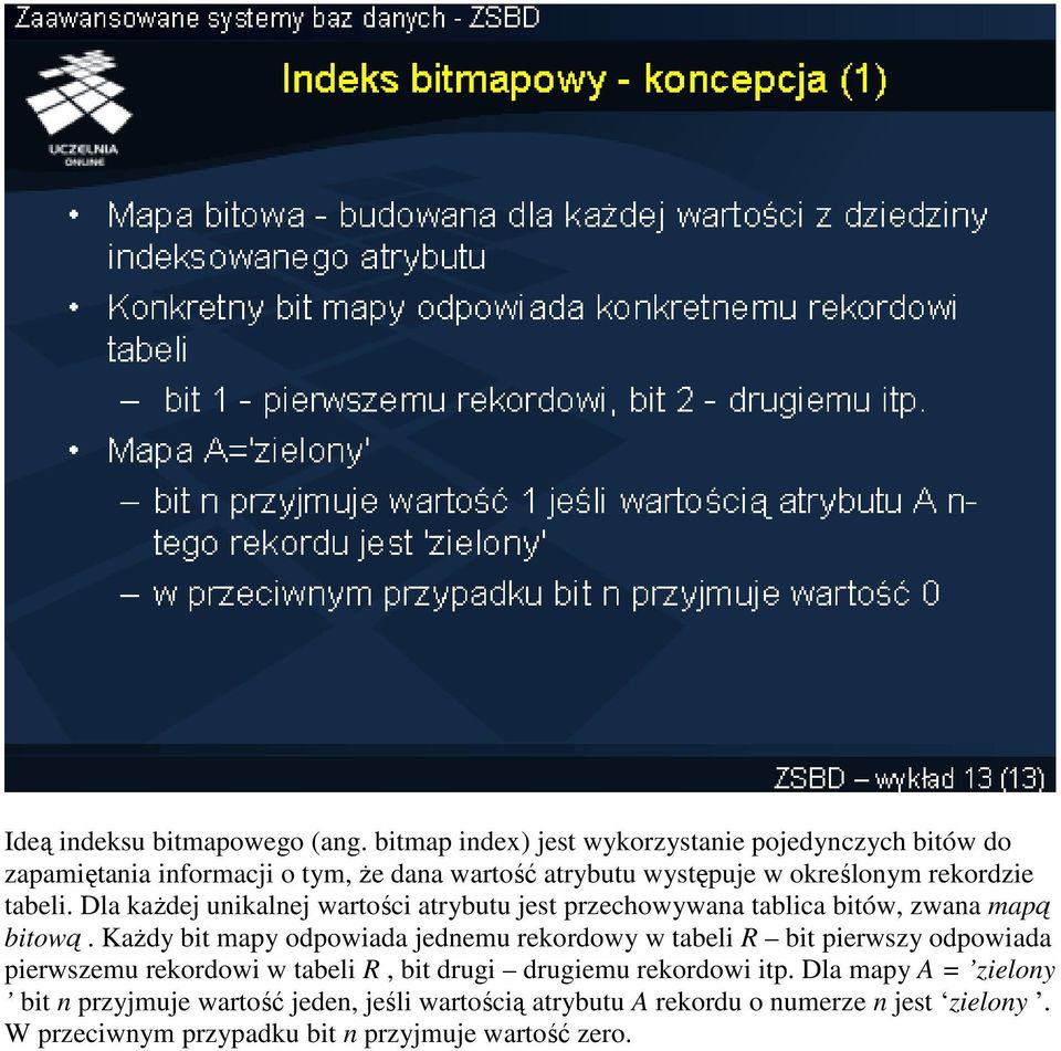 tabeli. Dla kaŝdej unikalnej wartości atrybutu jest przechowywana tablica bitów, zwana mapą bitową.