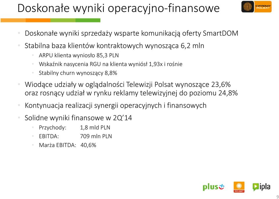 Wiodące udziały w oglądalności Telewizji Polsat wynoszące 23,6% oraz rosnący udział w rynku reklamy telewizyjnej do poziomu 24,8%