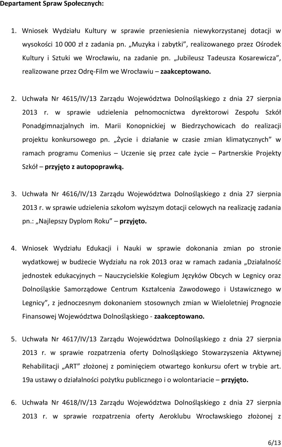 Uchwała Nr 4615/IV/13 Zarządu Województwa Dolnośląskiego z dnia 27 sierpnia 2013 r. w sprawie udzielenia pełnomocnictwa dyrektorowi Zespołu Szkół Ponadgimnazjalnych im.