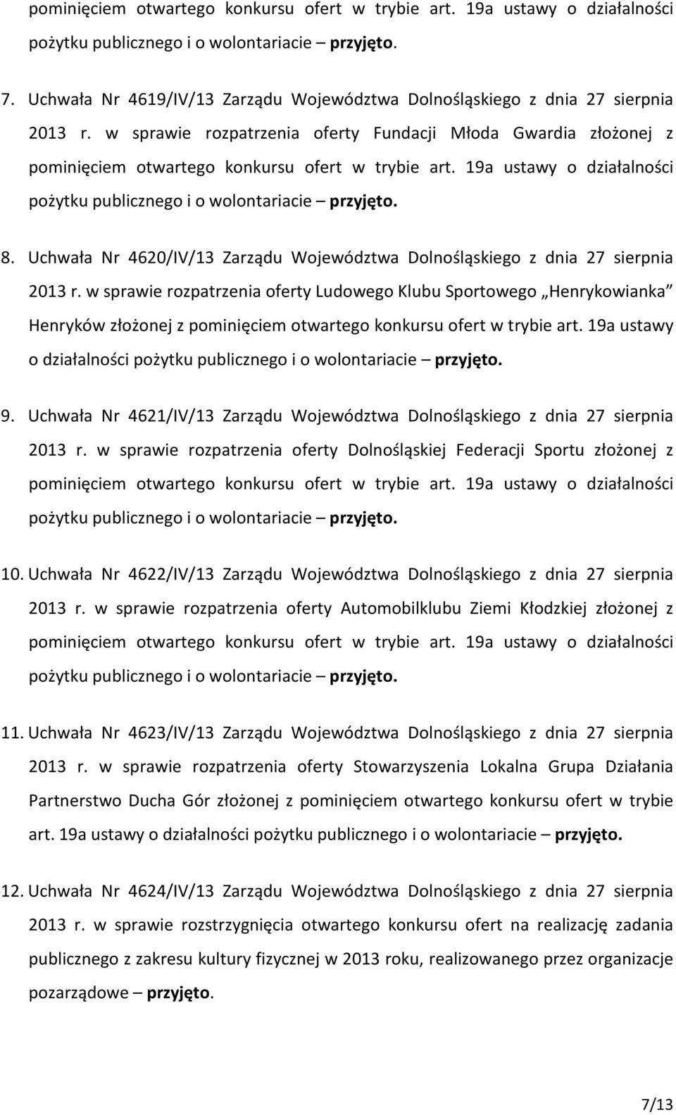 19a ustawy o działalności pożytku publicznego i o wolontariacie przyjęto. 8. Uchwała Nr 4620/IV/13 Zarządu Województwa Dolnośląskiego z dnia 27 sierpnia 2013 r.
