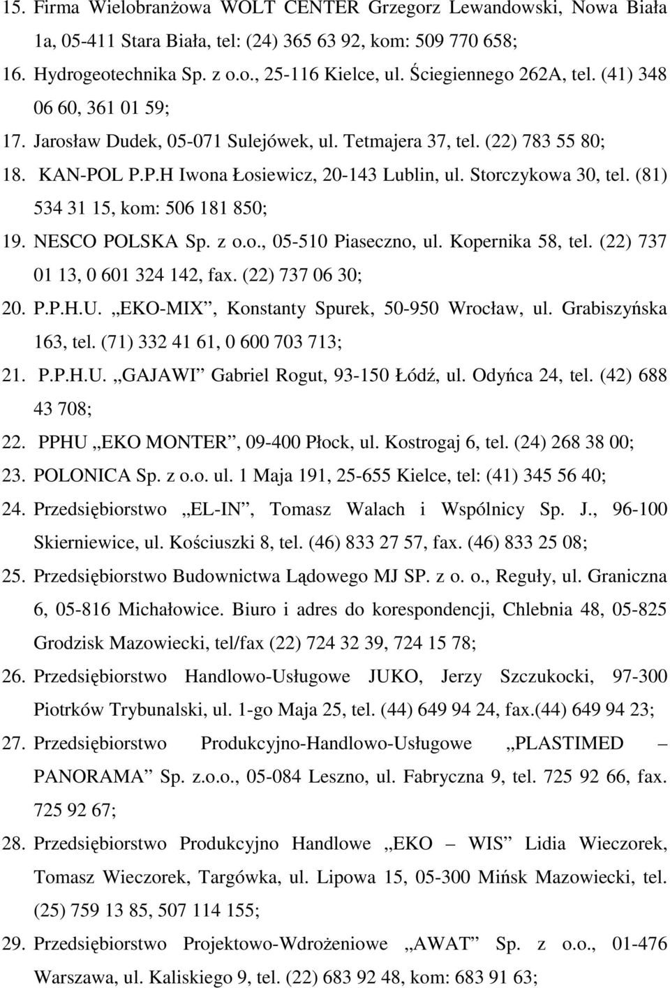 Storczykowa 30, tel. (81) 534 31 15, kom: 506 181 850; 19. NESCO POLSKA Sp. z o.o., 05-510 Piaseczno, ul. Kopernika 58, tel. (22) 737 01 13, 0 601 324 142, fax. (22) 737 06 30; 20. P.P.H.U.