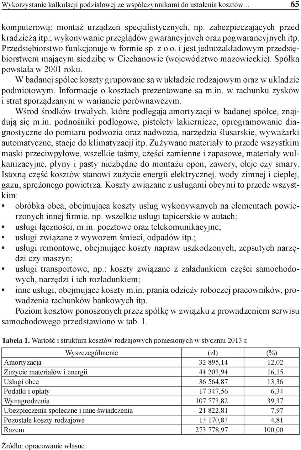 Spółka powstała w 2001 roku. W badanej spółce koszty grupowane są w układzie rodzajowym oraz w układzie podmiotowym. Informacje o kosztach prezentowane są m.in.