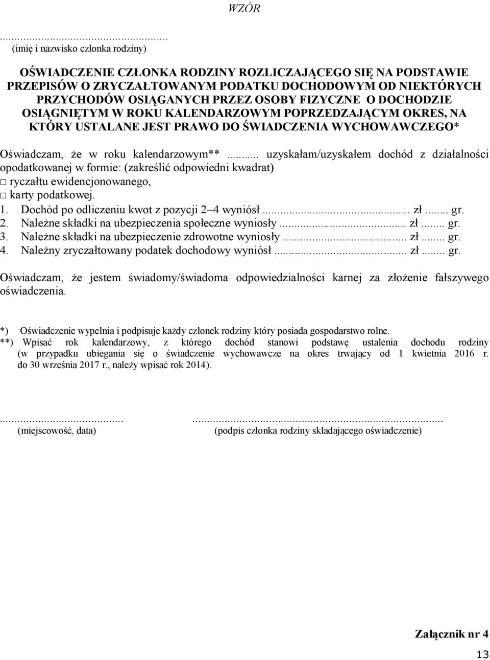 .. uzyskałam/uzyskałem dochód z działalności opodatkowanej w formie: (zakreślić odpowiedni kwadrat) ryczałtu ewidencjonowanego, karty podatkowej. 1. Dochód po odliczeniu kwot z pozycji 2 4 wyniósł.