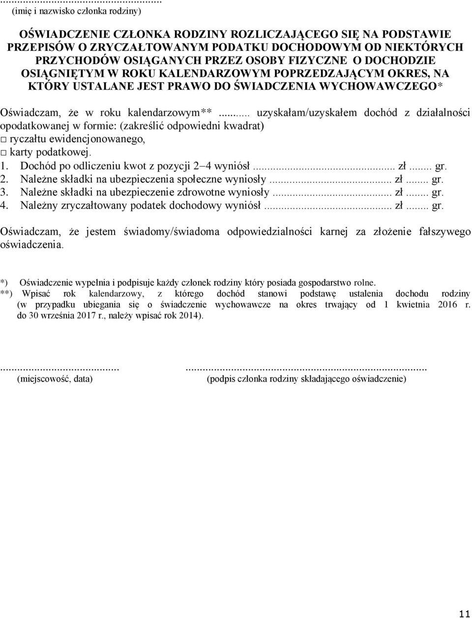 .. uzyskałam/uzyskałem dochód z działalności opodatkowanej w formie: (zakreślić odpowiedni kwadrat) ryczałtu ewidencjonowanego, karty podatkowej. 1. Dochód po odliczeniu kwot z pozycji 2 4 wyniósł.