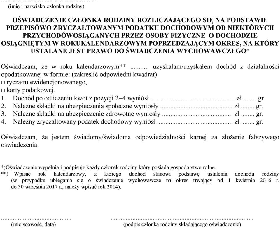 .. uzyskałam/uzyskałem dochód z działalności opodatkowanej w formie: (zakreślić odpowiedni kwadrat) ryczałtu ewidencjonowanego, karty podatkowej. 1. Dochód po odliczeniu kwot z pozycji 2 4 wyniósł.