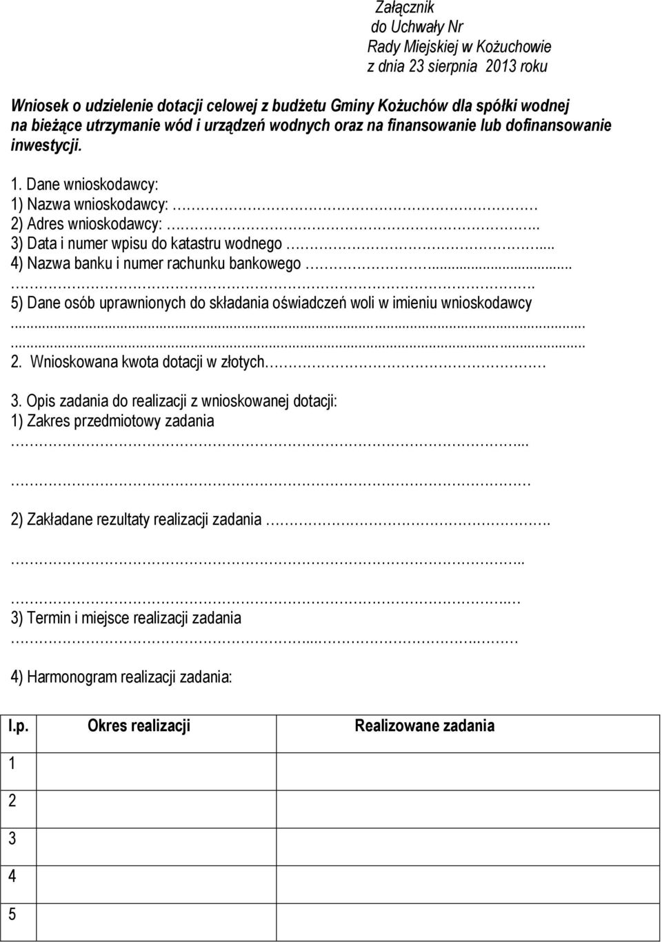 .. 4) Nazwa banku i numer rachunku bankowego.... 5) Dane osób uprawnionych do składania oświadczeń woli w imieniu wnioskodawcy...... 2. Wnioskowana kwota dotacji w złotych 3.