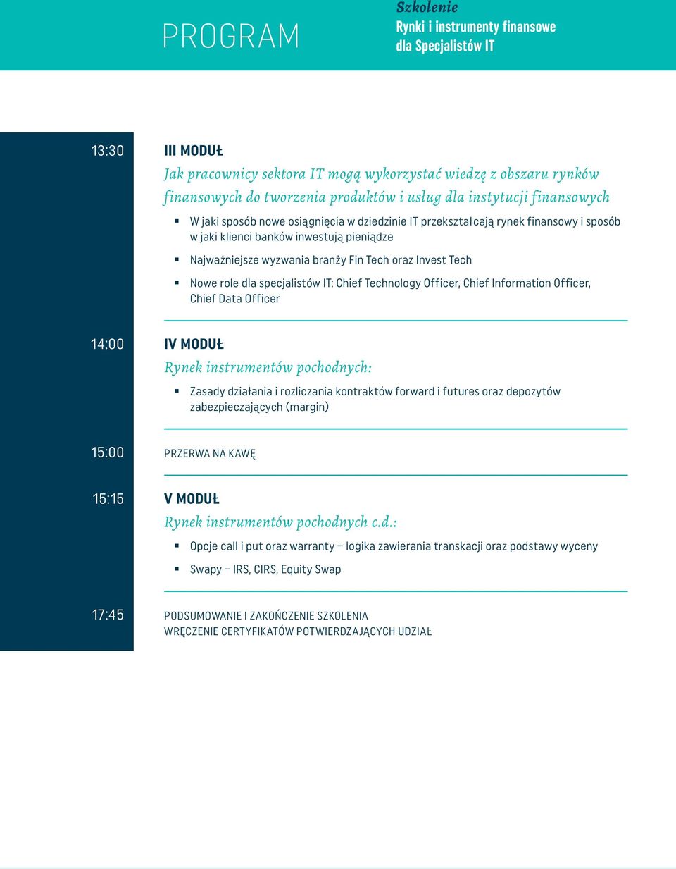 Nowe role dla specjalistów IT: Chief Technology Officer, Chief Information Officer, Chief Data Officer 14:00 IV MODUŁ Rynek instrumentów pochodnych: Zasady działania i rozliczania kontraktów forward