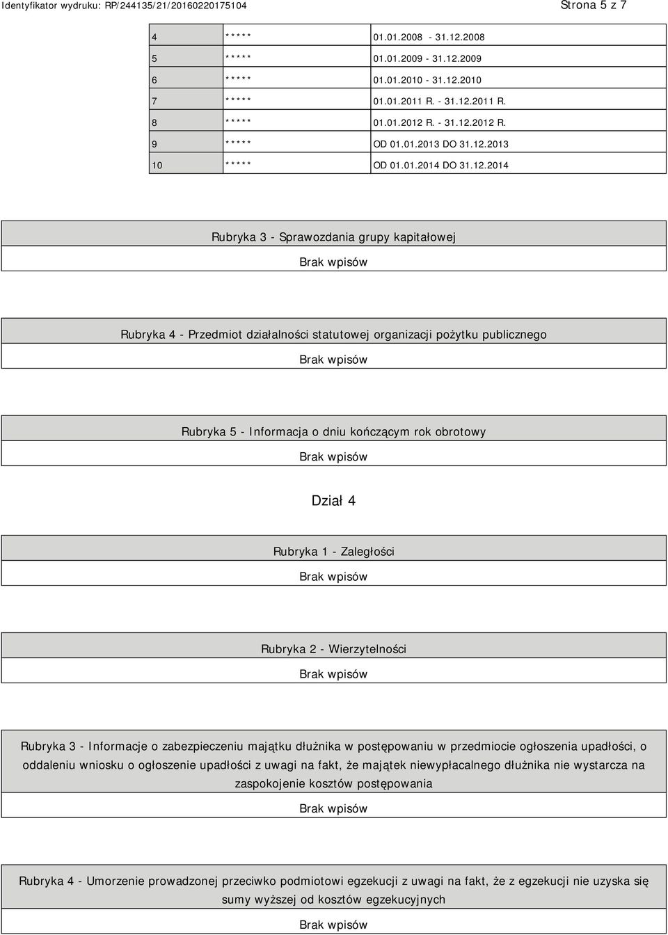 kończącym rok obrotowy Dział 4 Rubryka 1 - Zaległości Rubryka 2 - Wierzytelności Rubryka 3 - Informacje o zabezpieczeniu majątku dłużnika w postępowaniu w przedmiocie ogłoszenia upadłości, o