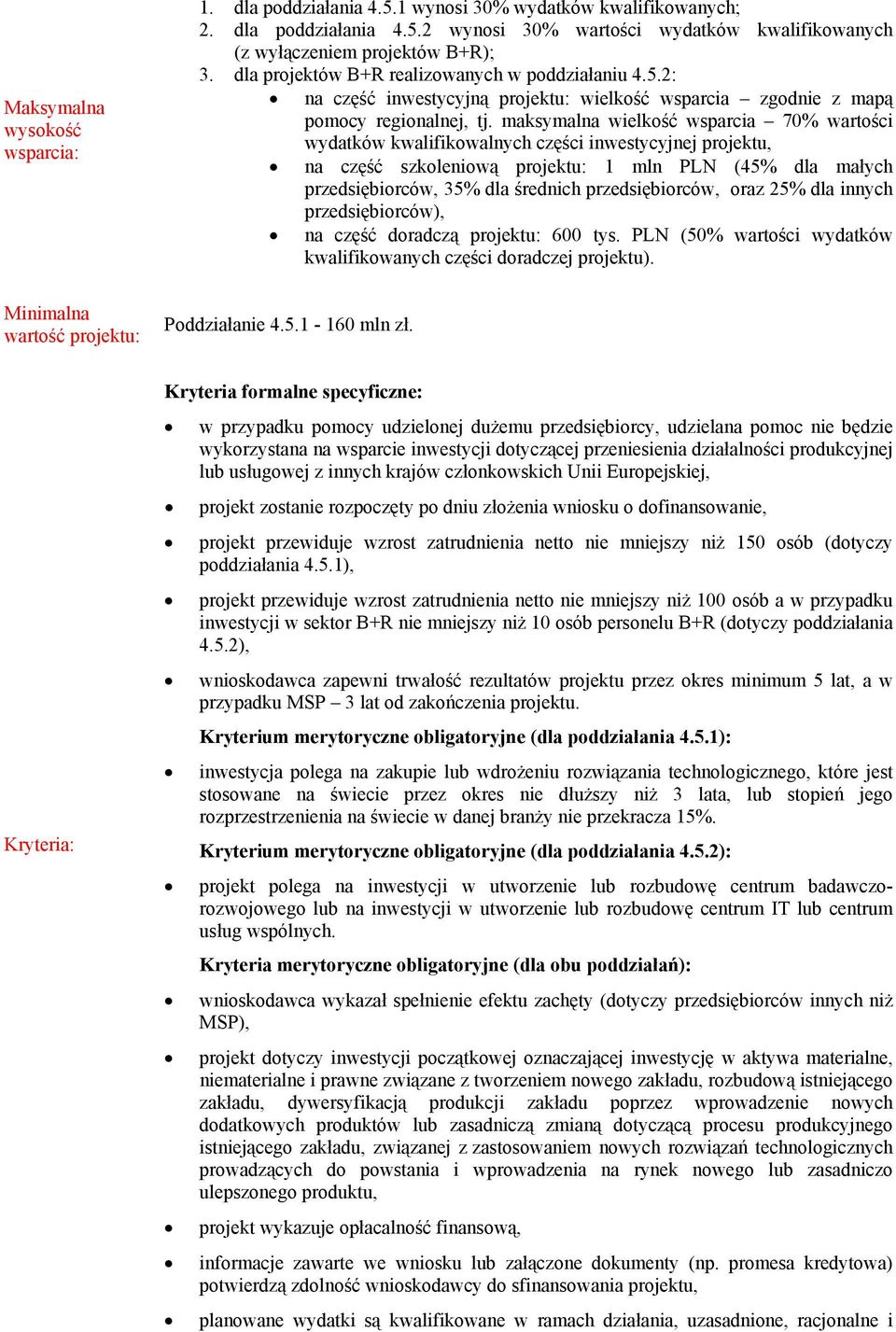 maksymalna wielkość wsparcia 70% wartości wydatków kwalifikowalnych części inwestycyjnej projektu, na część szkoleniową projektu: 1 mln PLN (45% dla małych przedsiębiorców, 35% dla średnich