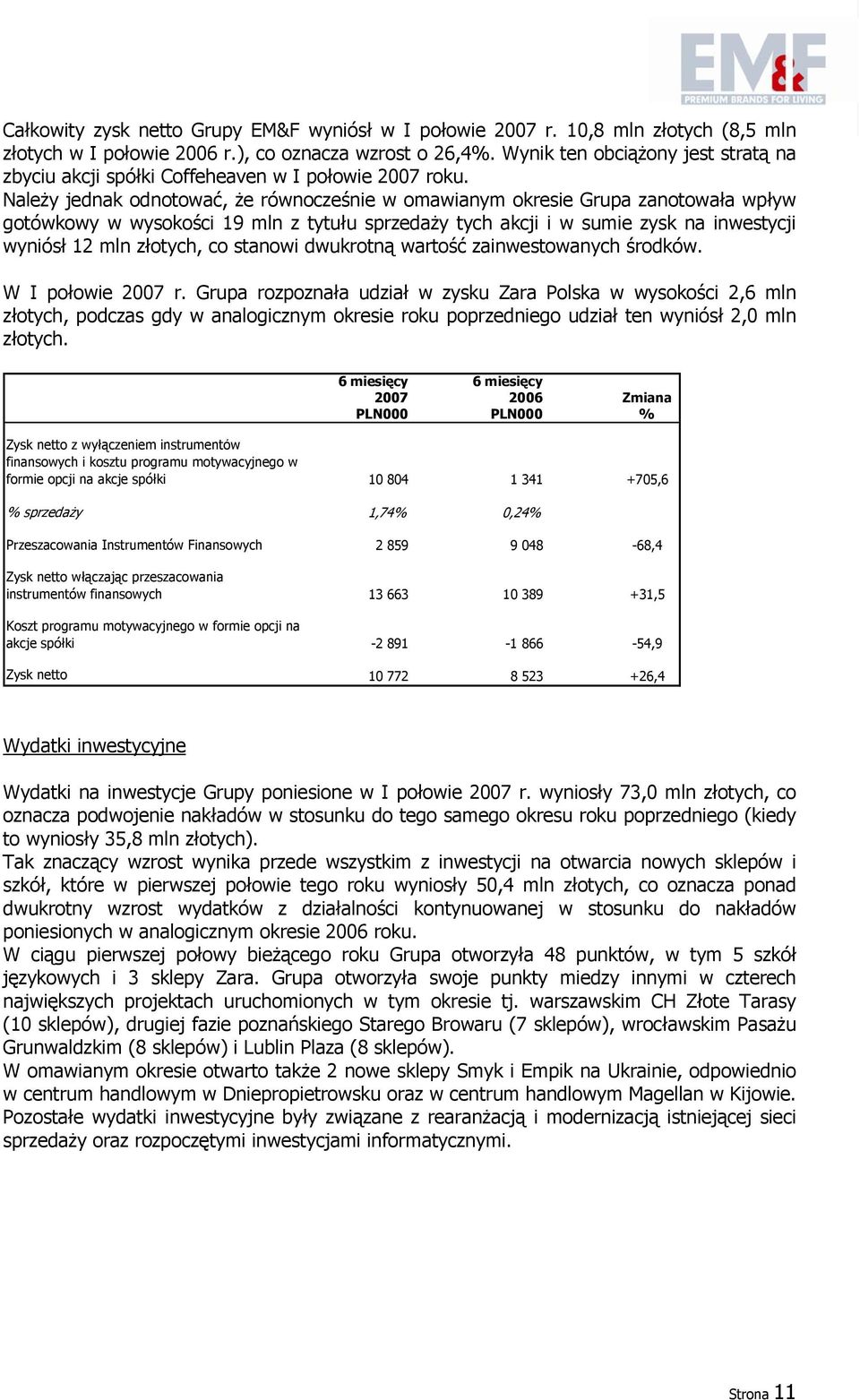 Należy jednak odnotować, że równocześnie w omawianym okresie Grupa zanotowała wpływ gotówkowy w wysokości 19 mln z tytułu sprzedaży tych akcji i w sumie zysk na inwestycji wyniósł 12 mln złotych, co