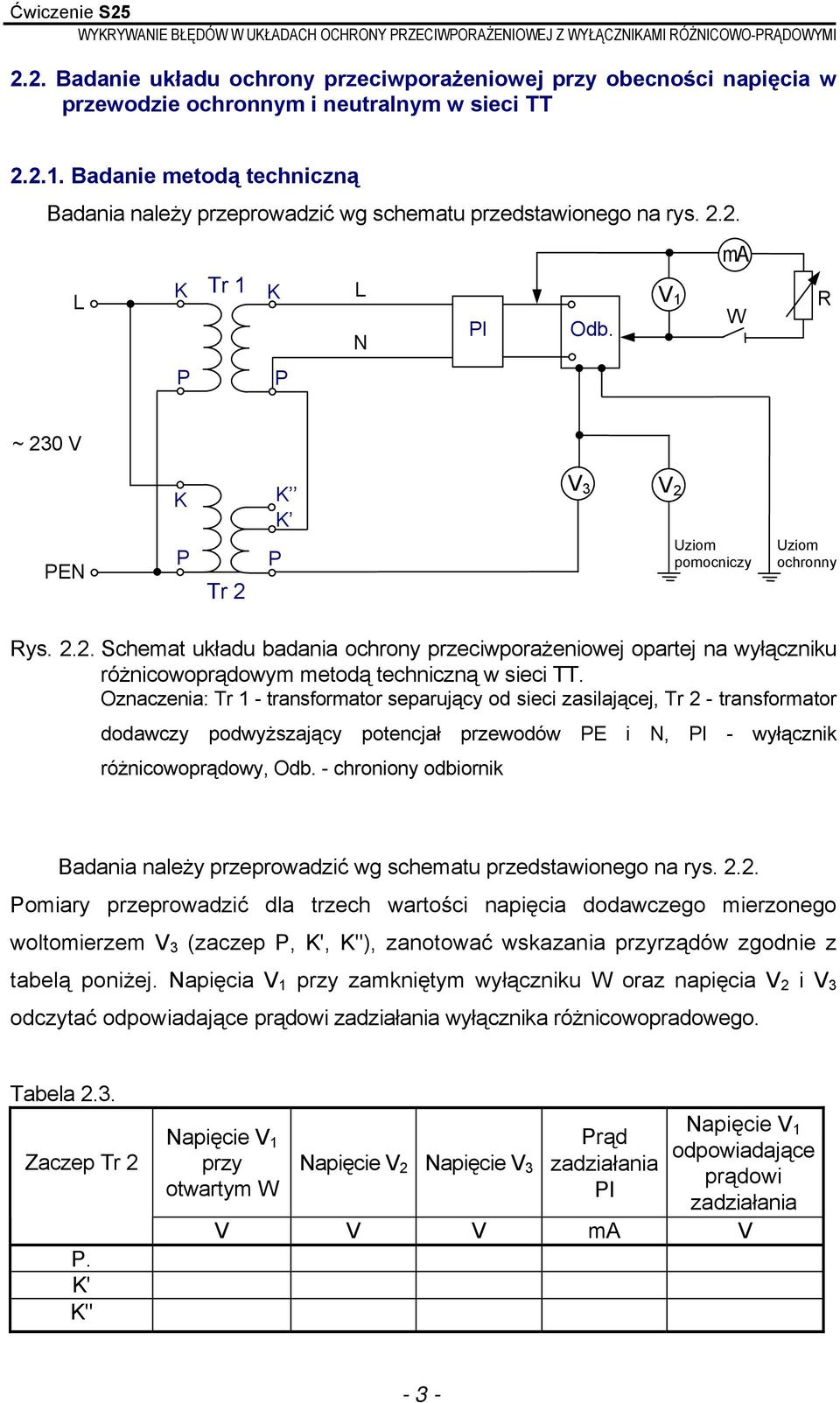 N P P R ~ 230 V PEN K P Tr 2 K K P V 3 V 2 Uziom pomocniczy Uziom ochronny Rys. 2.2. Schemat układu badania ochrony przeciwporażeniowej opartej na wyłączniku różnicowoprądowym metodą techniczną w sieci TT.